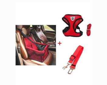 Luxury Pet Travel Bundle: Car Seat Carrier, Harness & Leash Set, And Car Safety Belt (Color: Red, size: Xl)
