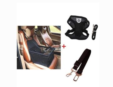 Luxury Pet Travel Bundle: Car Seat Carrier, Harness & Leash Set, And Car Safety Belt (Color: Black, size: S)