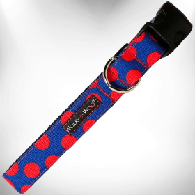 Elegant Red Polka Dot Dog Collar by Walk-e-Woo (Size-Pack Of: L 1" Width Fits 14-25" Neck-1, Color: Red Dot On Blue)